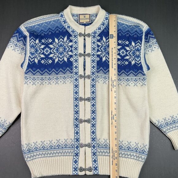 Dale of Norway Mens Cardigan Sweater sz L Fair Isle Wool Metal Clasps Blue White - Picture 11 of 11